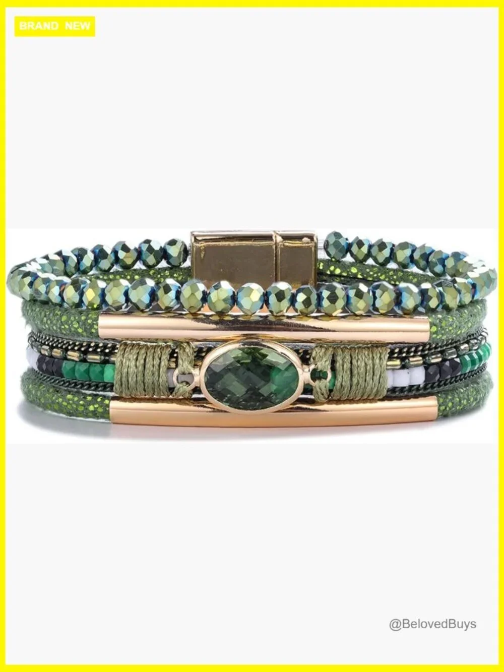 Leather Wrap Bracelet Crystal Beaded Boho Cuff Magnetic Clasp Stone Charm
